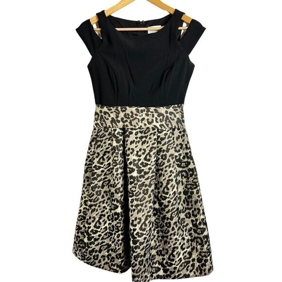 Eliza J Black Cold Shoulder Leopard Print Dress sz 4 - Picture 2 of 8